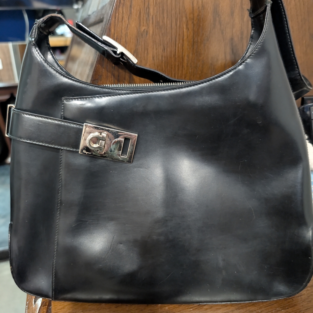 Salvatore Ferragamo Black Leather Bag with Silver Accents